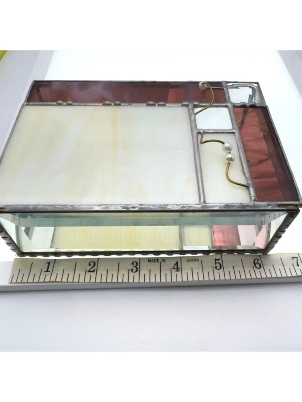 Stained Glass Trinket Jewelry Box Geometric Purple Clear Panels 6.5